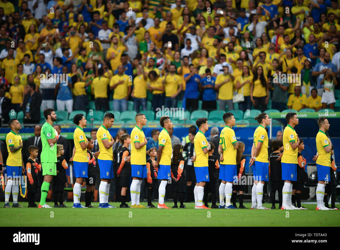Salvador, Brazil. 18th June, 2019. Brazil's players react before the Group A match between Brazil and Venezuela at the Copa America 2019 in Salvador, Brazil, June 18, 2019.The match ended with 0-0. Credit: Xin Yuewei/Xinhua/Alamy Live News Stock Photo