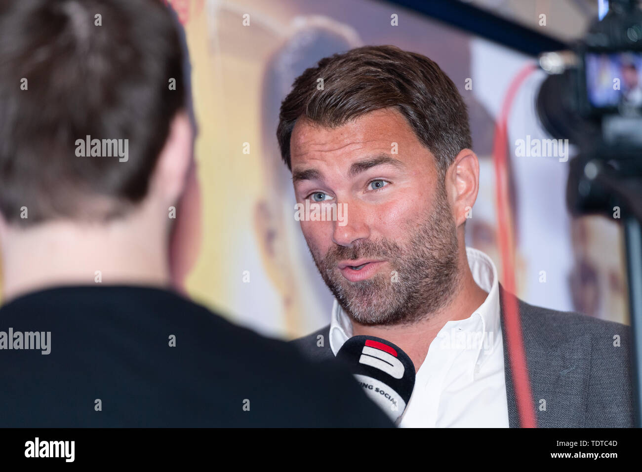 London, UK. 19th Jun, 2019. Eddie Hearn (left) during Matchroomboxing presents Conor Benn vs Jussi Koivula - WBA Continental Welterweight Championship - Press Conference at Courthouse Hotel on Wednesday, June 19, 2019 in LONDON, KINGDOM. (Editorial use only, license required for commercial use. No use in betting, games or a single club/league/player publications.) Credit: Taka G Wu/Alamy Live News Stock Photo