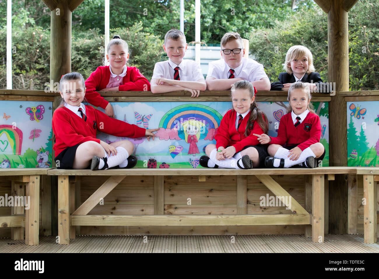 Embargoed to 0001 Thursday June 20 Pupils (top, from left) Chloe Adams, 11, Aaron Reid, 10, Kerr Reid, 12, and Felix Sneddon, 8, with (front) sisters Kacie, 9, Isla, 7, and Jorgia Cowie, 5, from Chapelside Primary School, Airdrie, alongside some of their artwork inside the new play shelter dedicated to former pupil Alesha MacPhail. Stock Photo