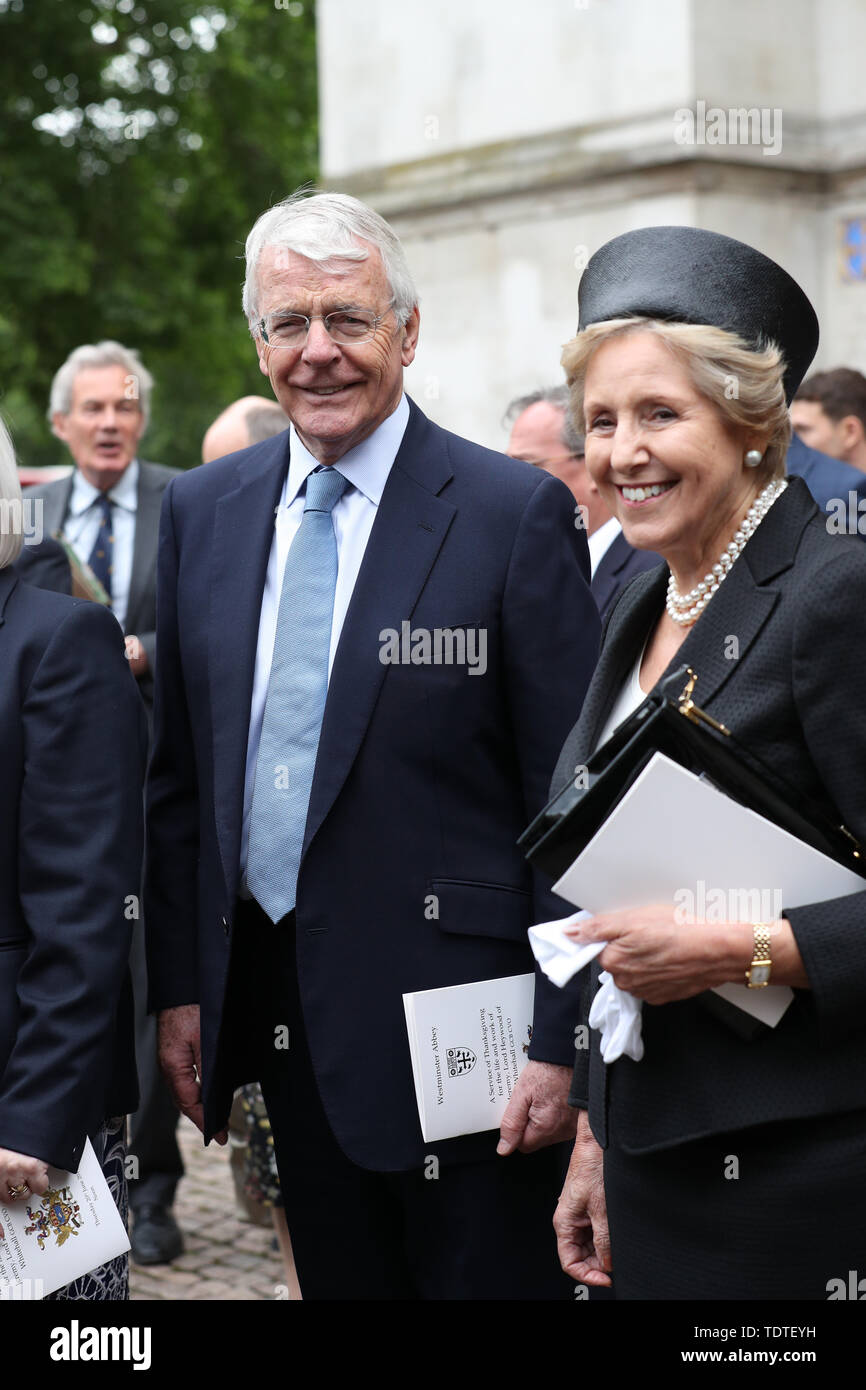 Former prime minister John Major and his wife Nora leave following a service of thanksgiving for the life and work of former Cabinet Secretary Lord Heywood at Westminster Abbey in London. Stock Photo