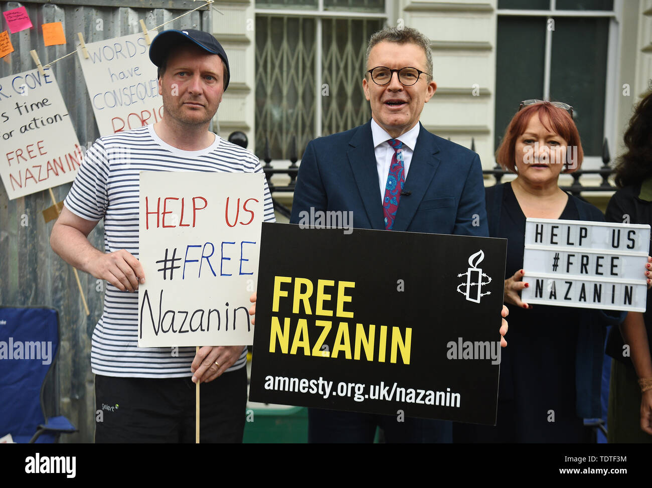 Labour deputy leader Tom Watson and Richard Radcliffe (left), the husband of detained Nazanin Zaghari Ratcliffe, and supporters outside the Iranian Embassy in London, where Richard is on a hunger strike. Stock Photo