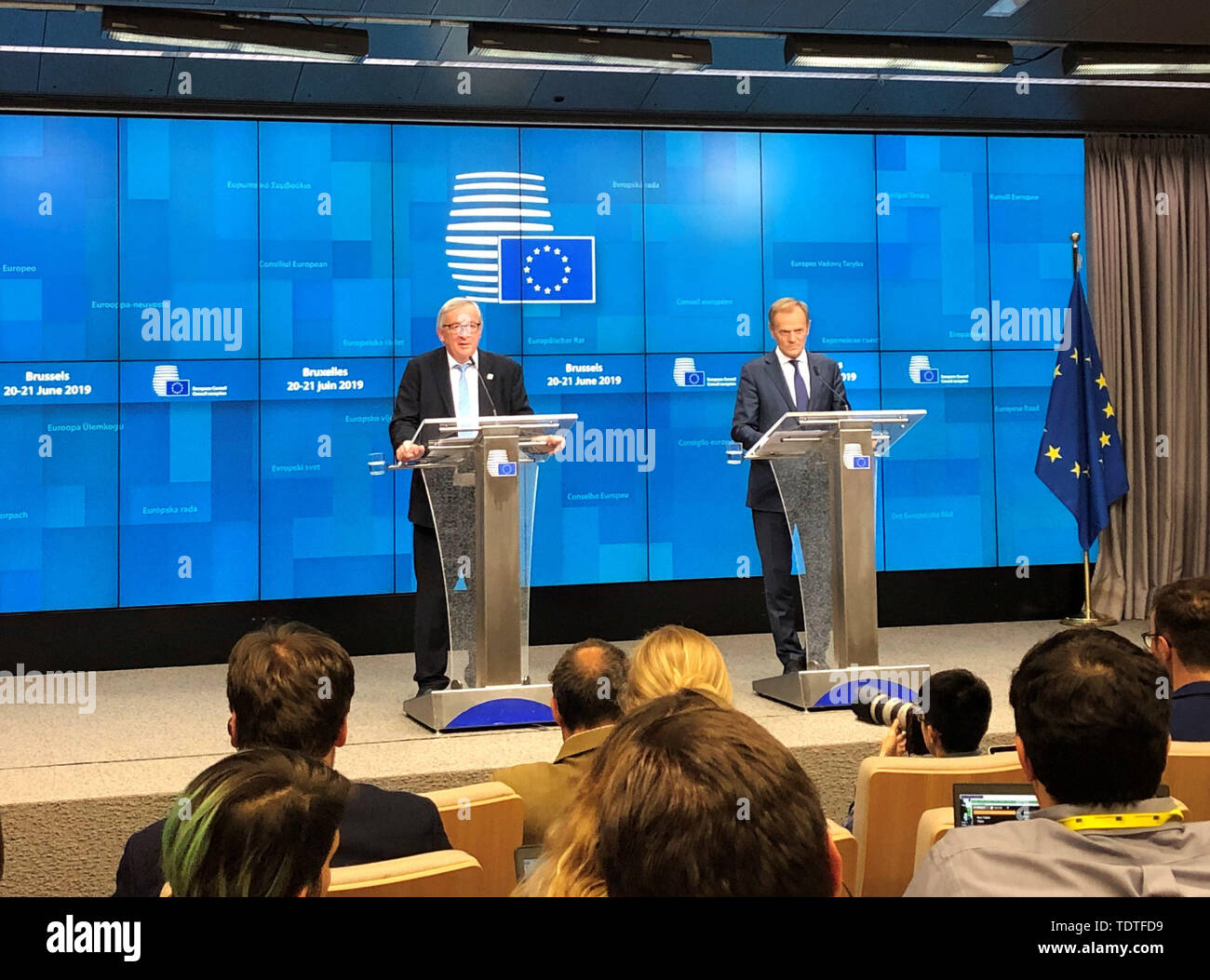 European Commission president Jean-Claude Juncker (left) and European Council president Donald Tusk speak at a press conference aimed at allocating the European Union's top jobs, which will continue at a special summit later this month after no majority could be reached on any candidate. Stock Photo