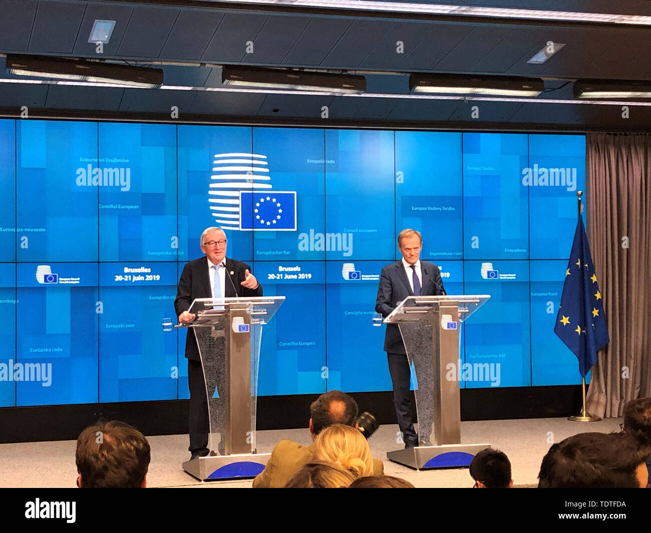 European Commission president Jean-Claude Juncker (left) and European Council president Donald Tusk speak at a press conference aimed at allocating the European Union's top jobs, which will continue at a special summit later this month after no majority could be reached on any candidate. Stock Photo