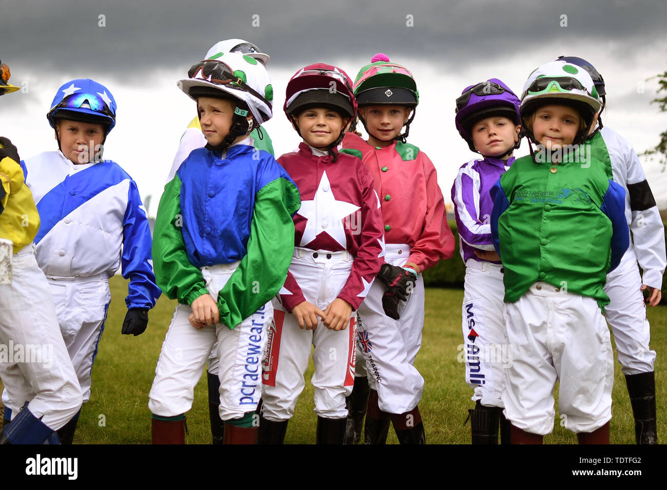 Jockeys await the start of the Shetland Pony Grand National during The Lincolnshire Show 2019 at the Lincolnshire Showground. Stock Photo