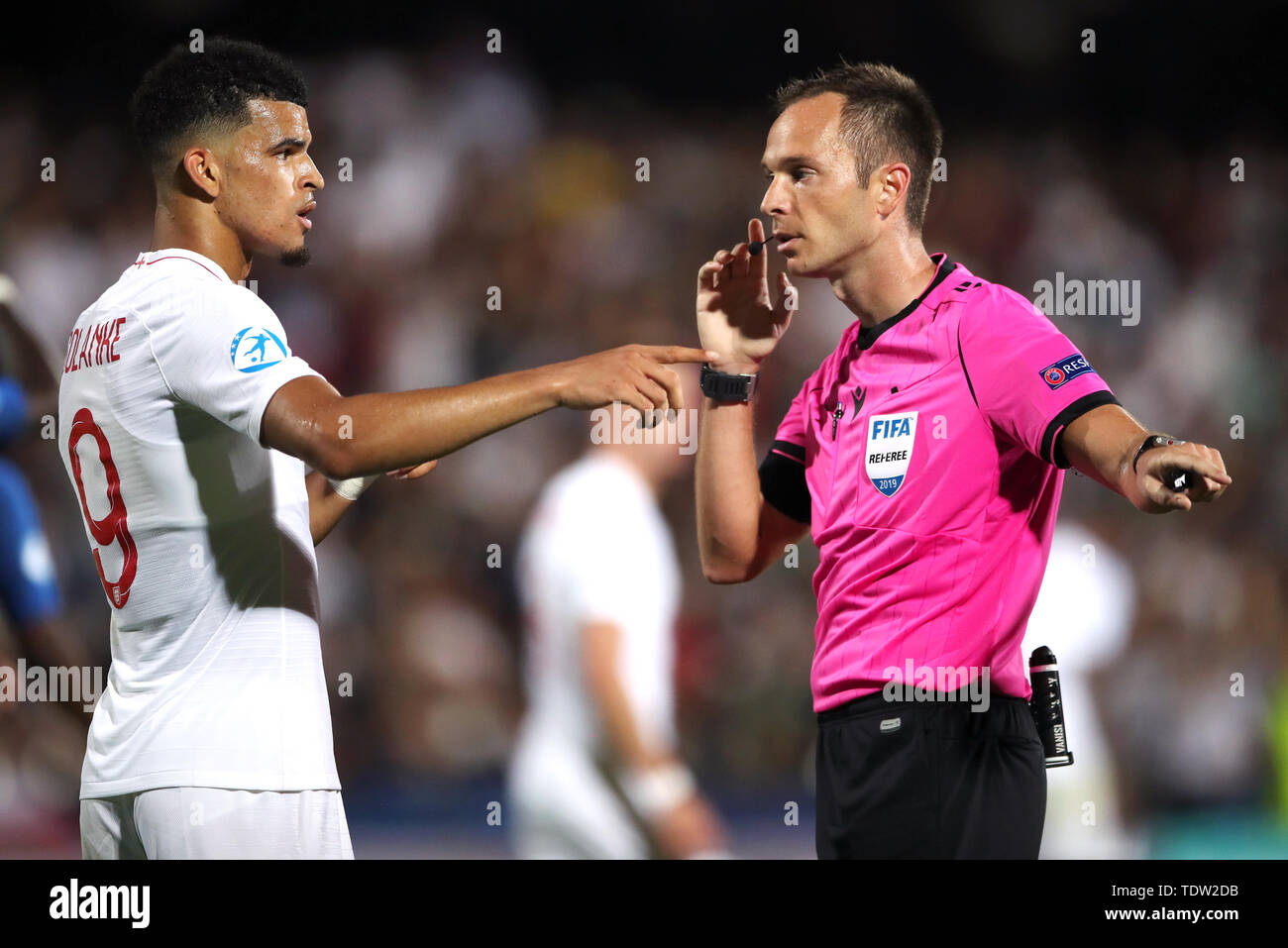 Referee Srdjan Jovanovic Speaks To England U21 S Dominic Solanke After Ryan Sessegnon S Goal Is Ruled Out For Offside During The Uefa European Under 21 Championship Group C Match At Dino Manuzzi Cesena Stock