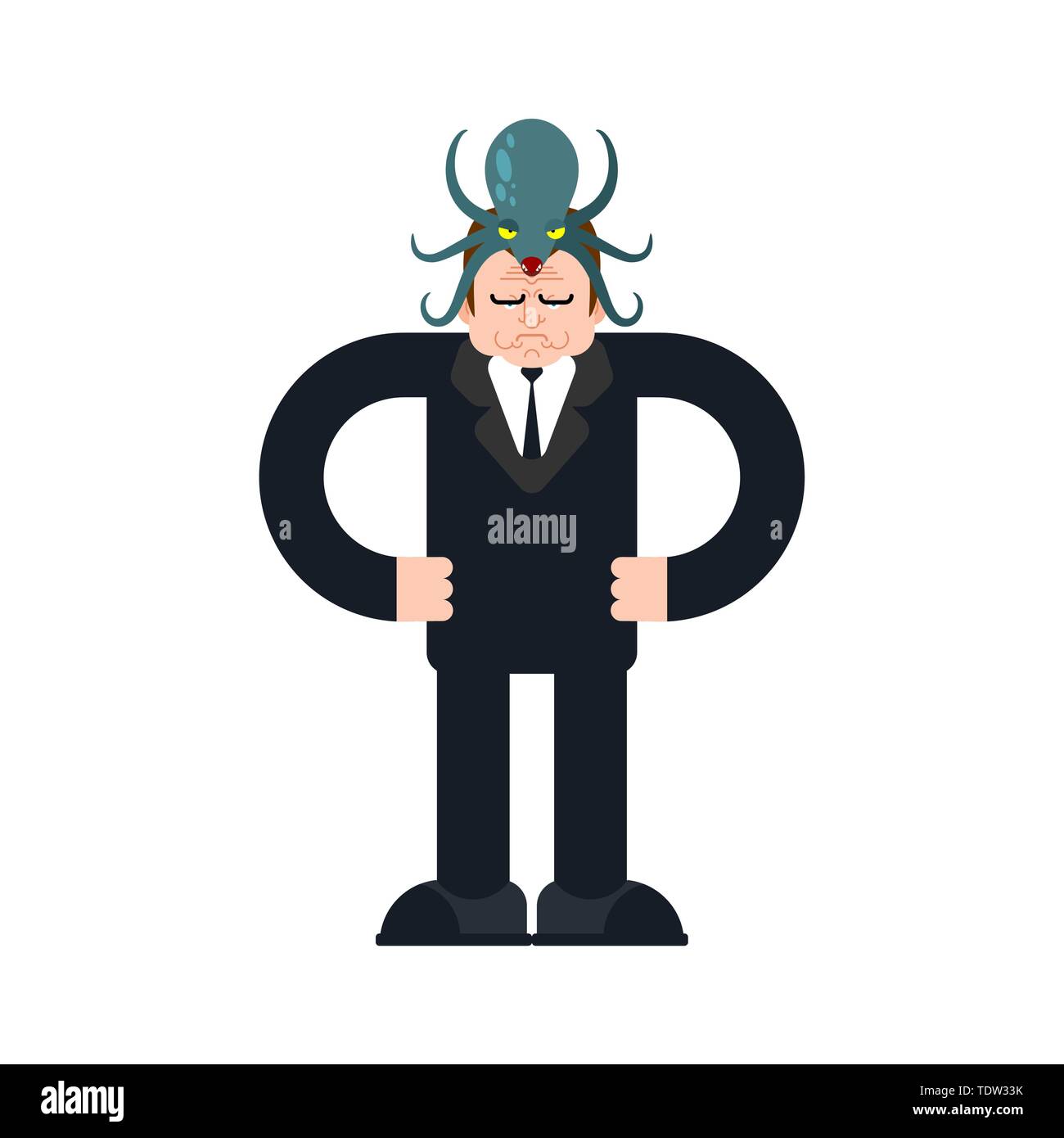 Alien Octopus on head. Mind control. Monster Aliens Management of human consciousness Stock Vector