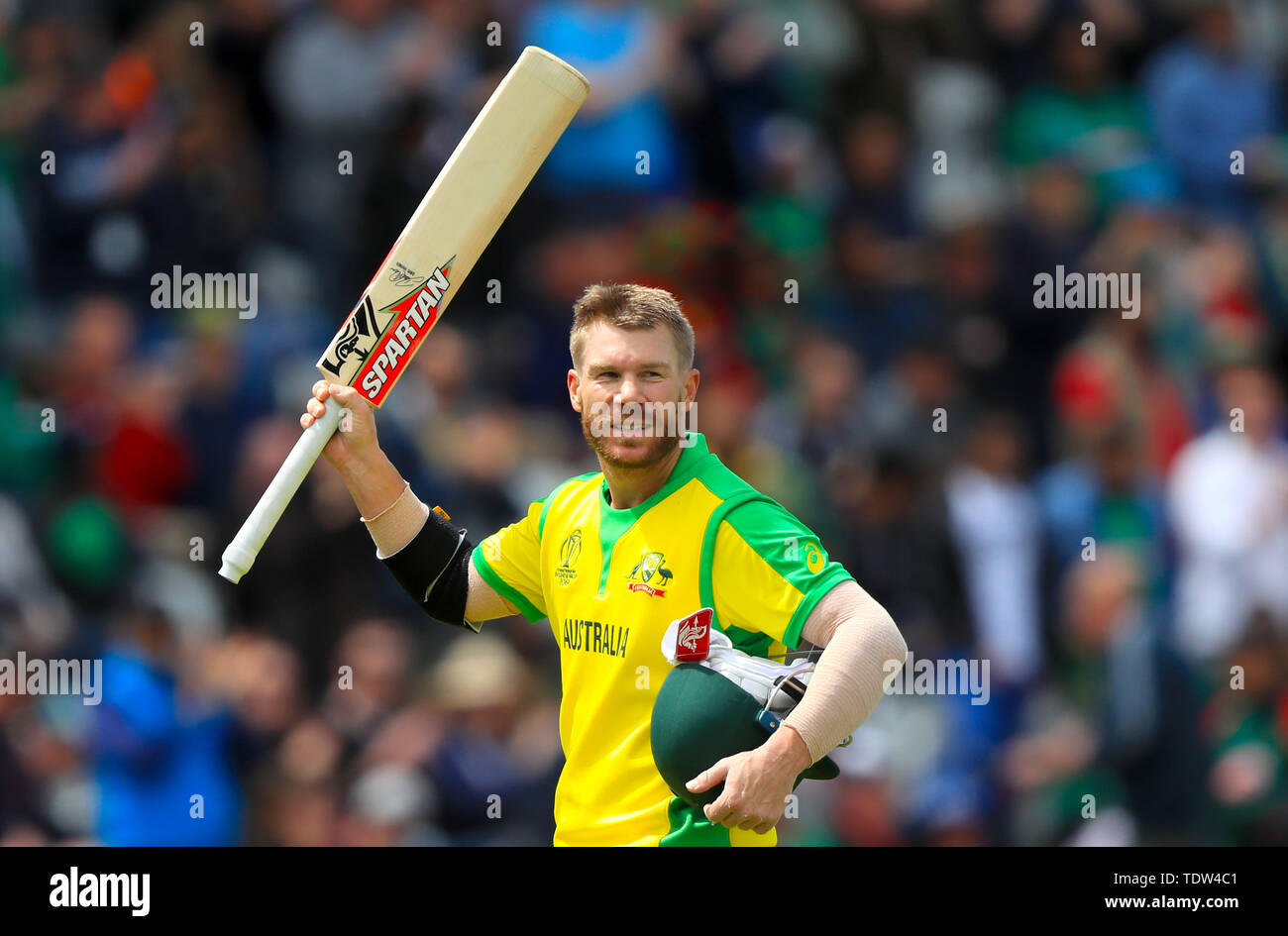 Australia's David Warner gestures to the crowd after being dismissed during the ICC Cricket World Cup group stage match at Trent Bridge, Nottingham. Stock Photo