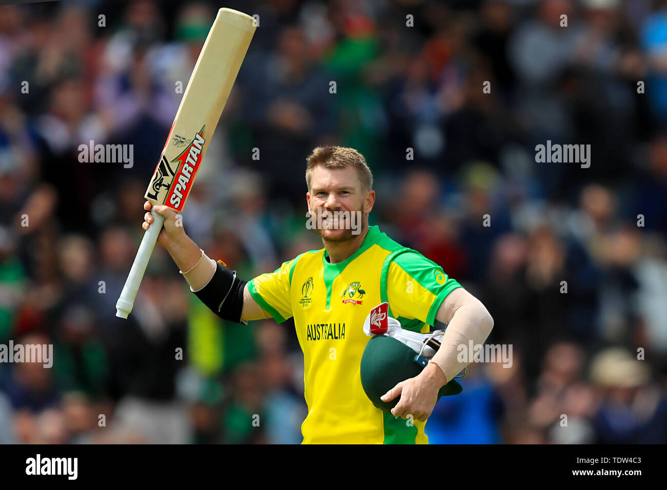 Australia's David Warner gestures to the crowd after being dismissed during the ICC Cricket World Cup group stage match at Trent Bridge, Nottingham. Stock Photo