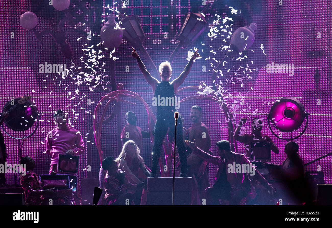 Pink performs on stage at the Millenium Stadium in Cardiff on her