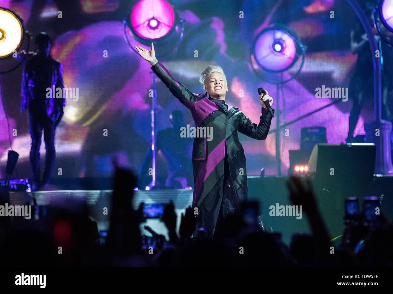 Pink performs on stage at the Millenium Stadium in Cardiff on her ...