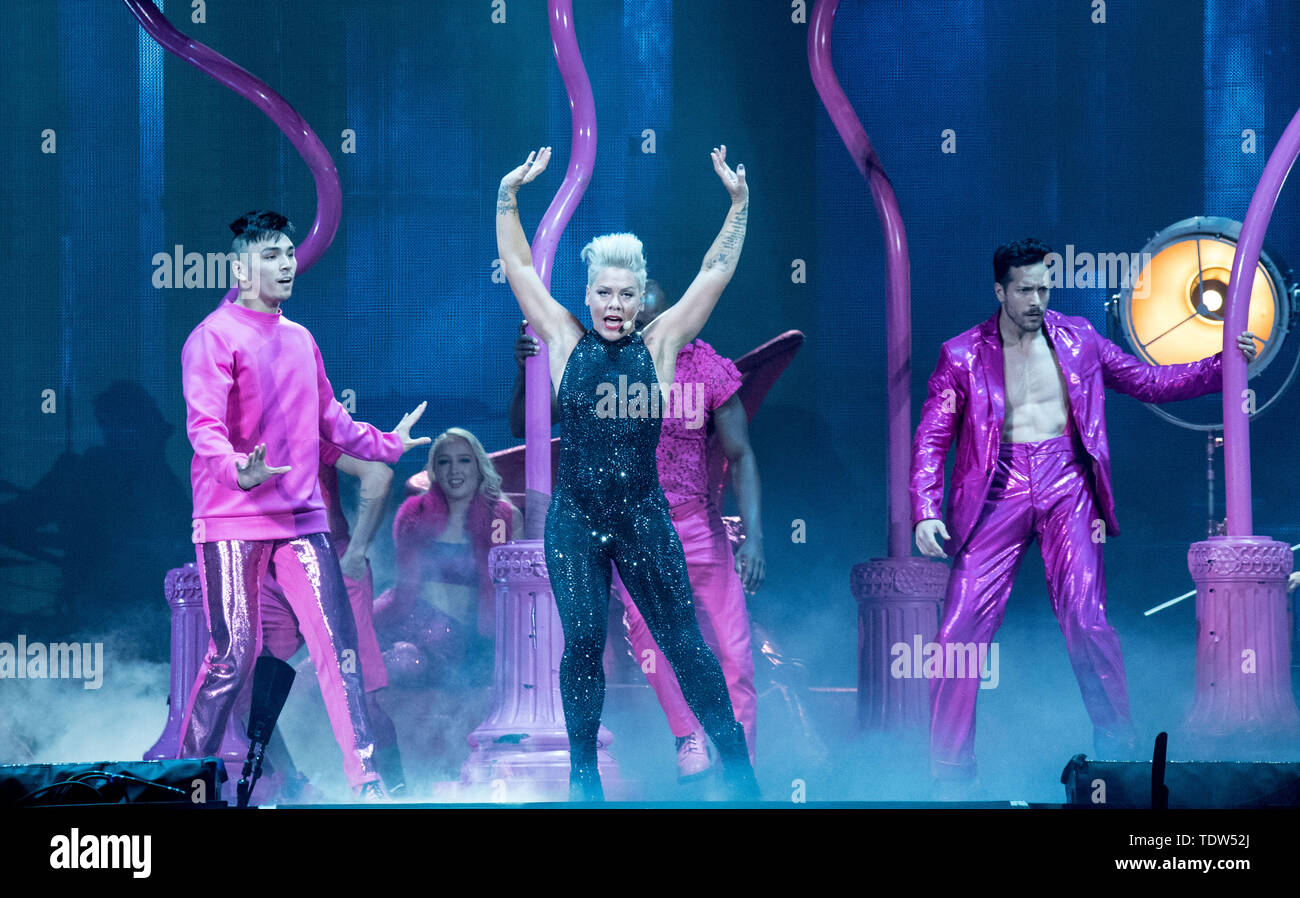 Pink performs on stage at the Millenium Stadium in Cardiff on her ...