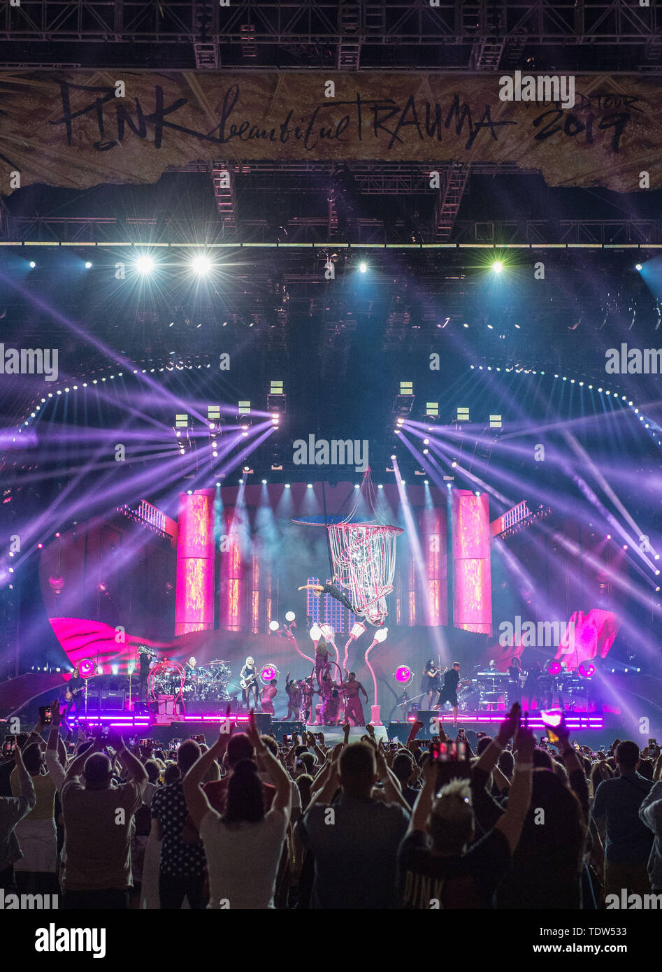 Pink performs on stage at the Millenium Stadium in Cardiff on her