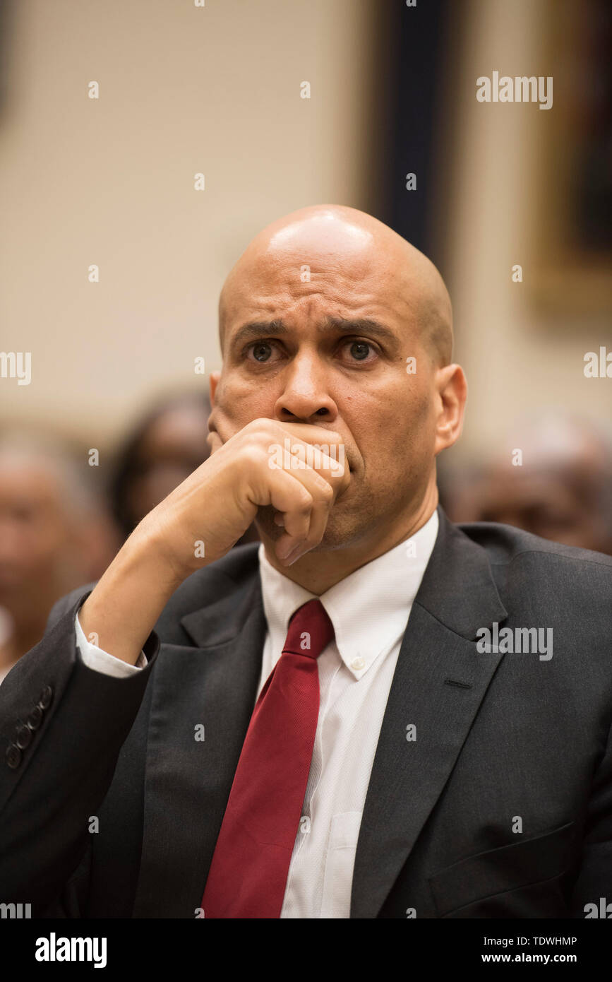 Washington DC, June 19, 2019, USA: Senator Cory Booker, D-NJ testifies at The House Judiciary Subcommittee on the Constitution, Civil Rights, and Civil Liberties will hold a hearing on H.R. 40, the Commission to Study and Develop Reparation Proposals for African-Americans Act. The purpose of the hearing is to examine, through open and constructive discourse, the legacy of the trans-Atlantic slave trade, its continuing impact on the community and the path to restorative justice. Stock Photo