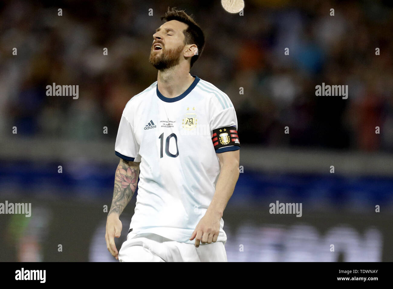 Belo Horizonte, Brazil. 19th June, 2019. Lionel Messi of Argentina reacts during the Copa America 2019 soccer match between Argentina and Paraguay at Mineirao Stadium in Belo Horizonte, Brazil, June 19, 2019. Credit: Lucio Tavora/Xinhua/Alamy Live News Stock Photo