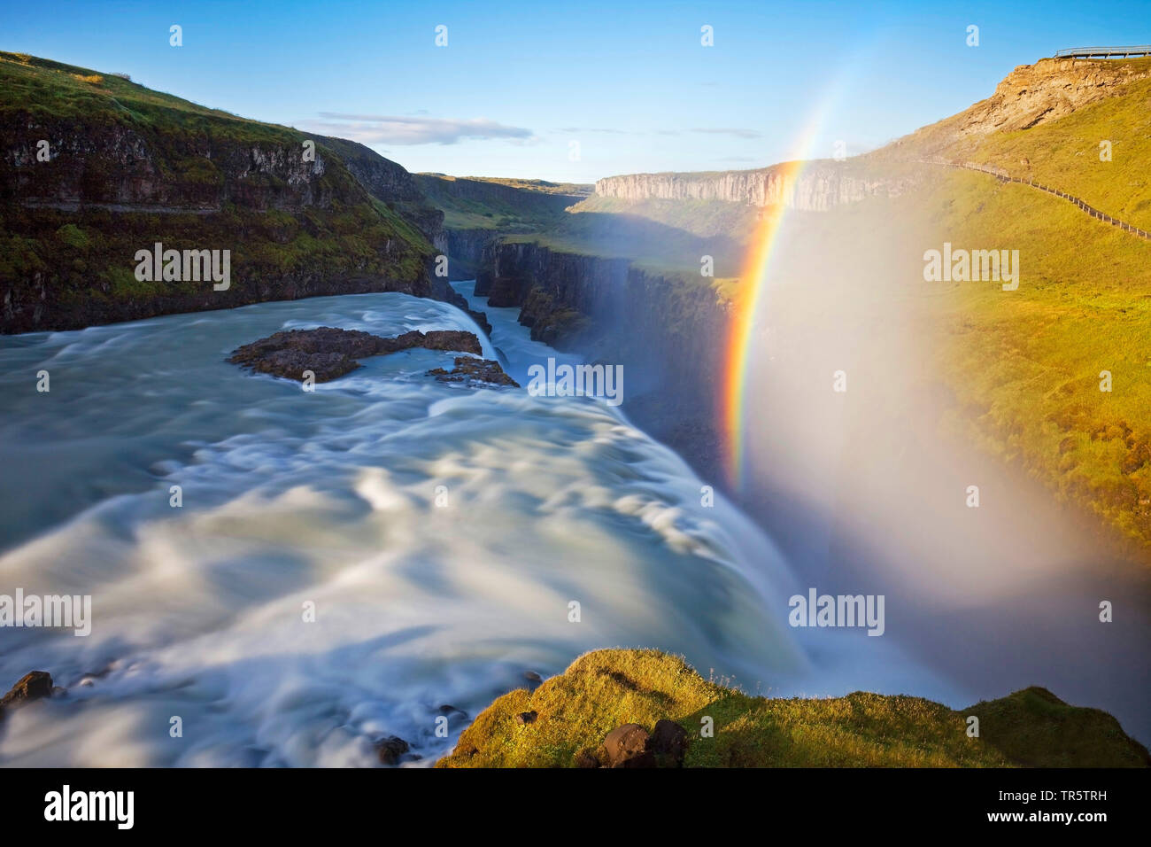 gullfoss waterfall and rainbow, Golden Circle, Iceland, Haukadalur, Gullfoss Stock Photo