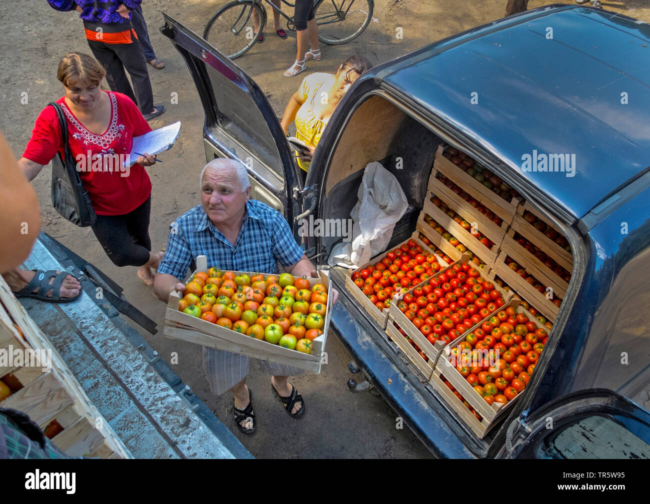 salesman with tomatoes on the market, Moldova, Puchacheni Stock Photo