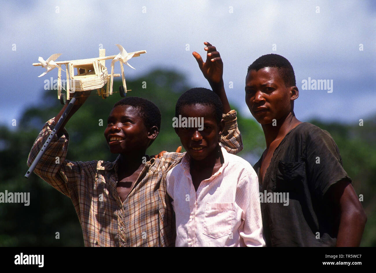 children with selfmade toy, Democratic Republic of the Congo Stock Photo
