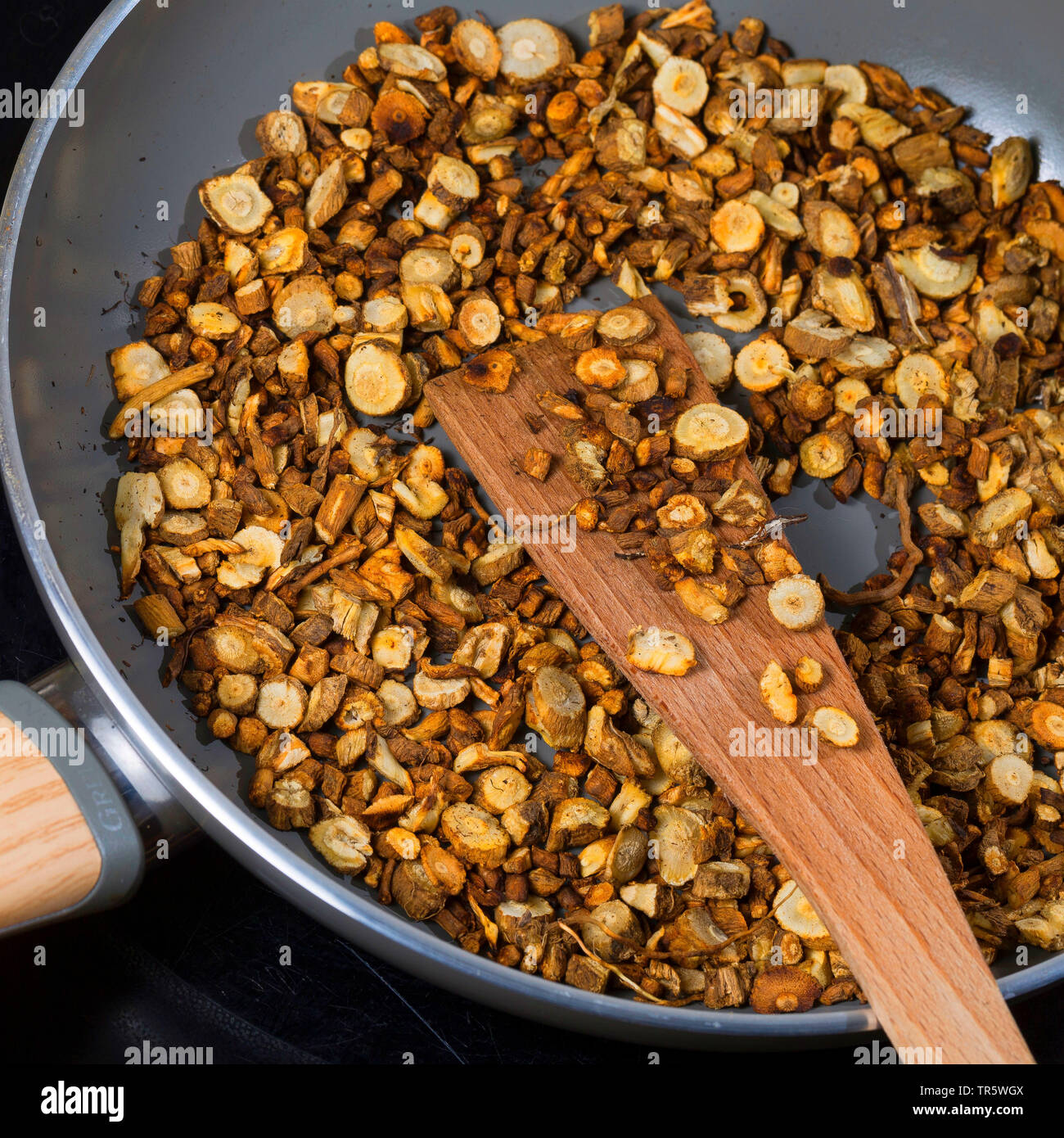 blue sailors, common chicory, wild succory (Cichorium intybus), roots slices are roasted in a pan, Germany Stock Photo