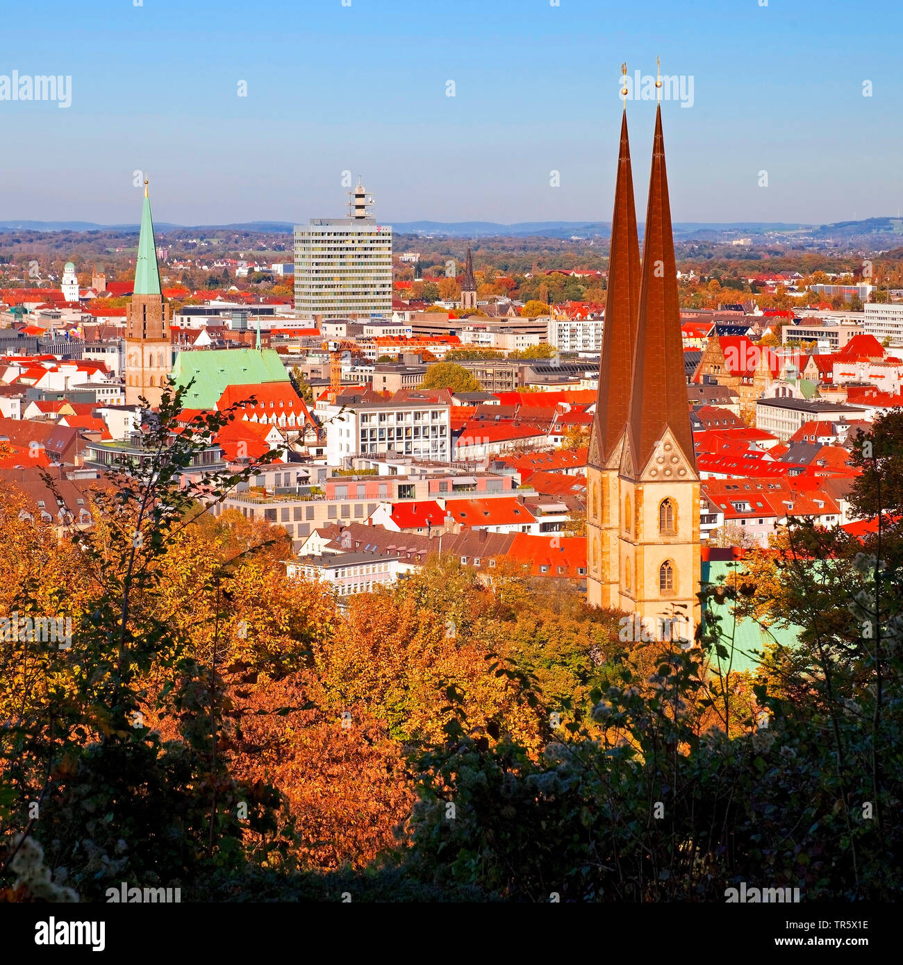 view of city of Bielefeld with church Neustaedter Marienkirche from Sparrenburg, Germany, North Rhine-Westphalia, East Westphalia, Bielefeld Stock Photo