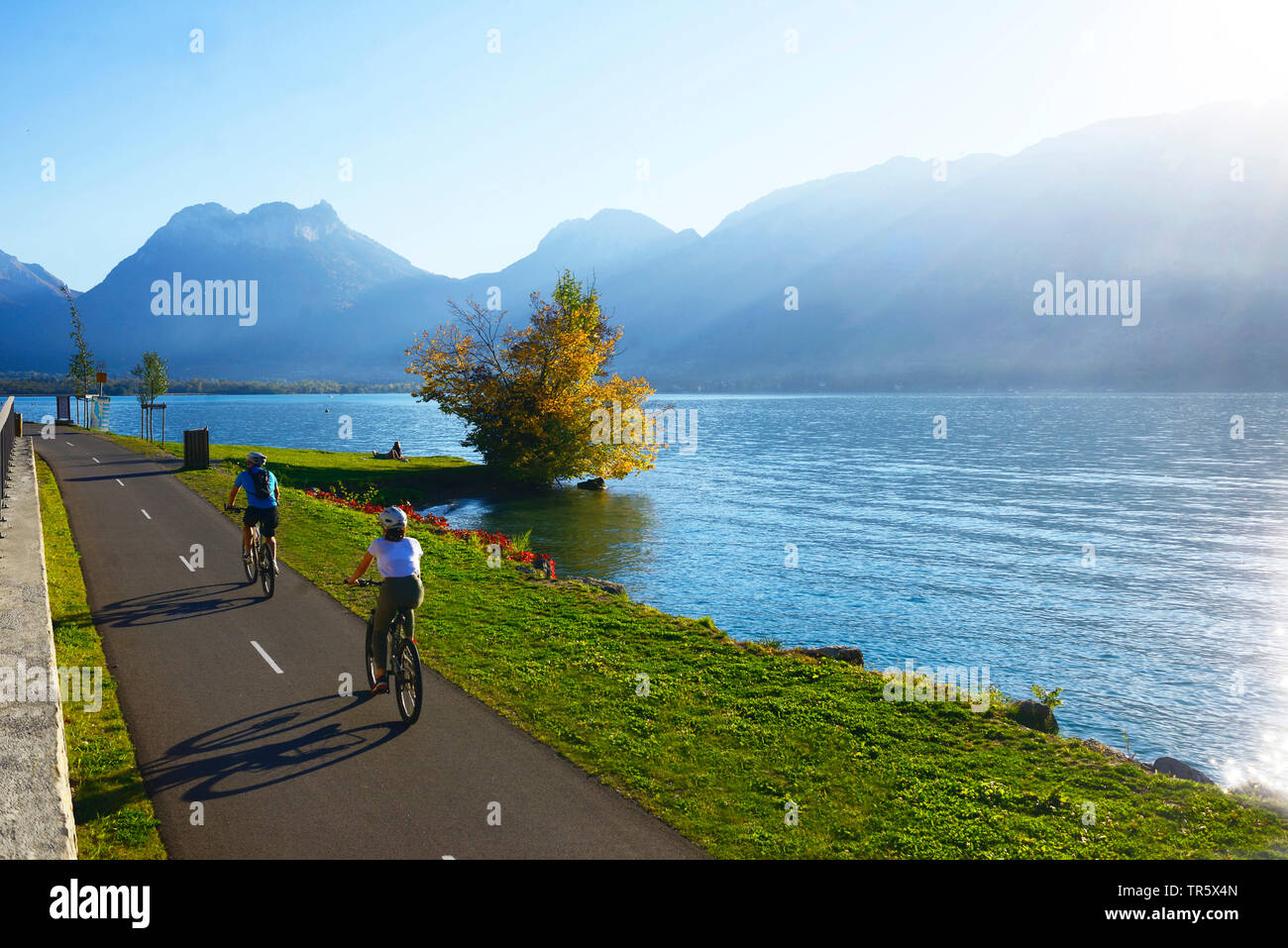 bike path around the Lake Annecy, France, Savoie, Haute Savoie Stock Photo