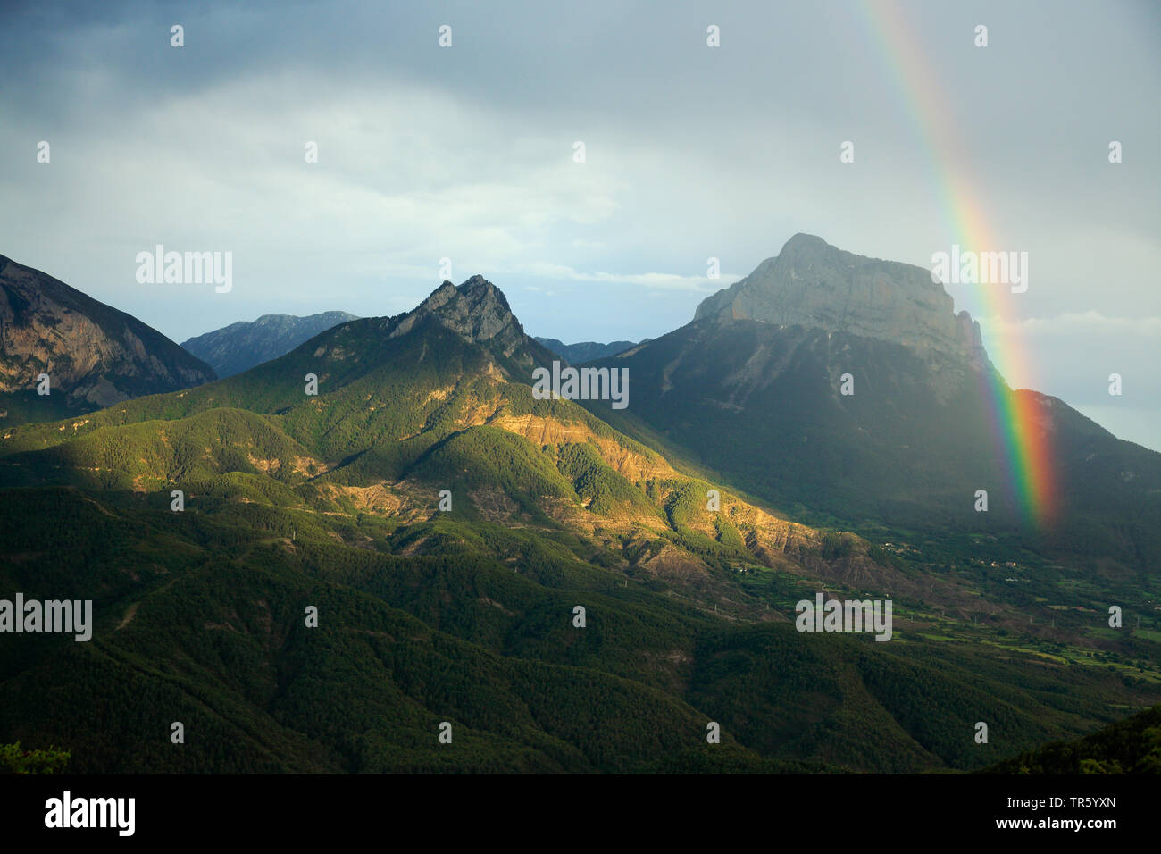 rainbow in the Cortiella massif, Spain, Aragon, Pyrenees Stock Photo