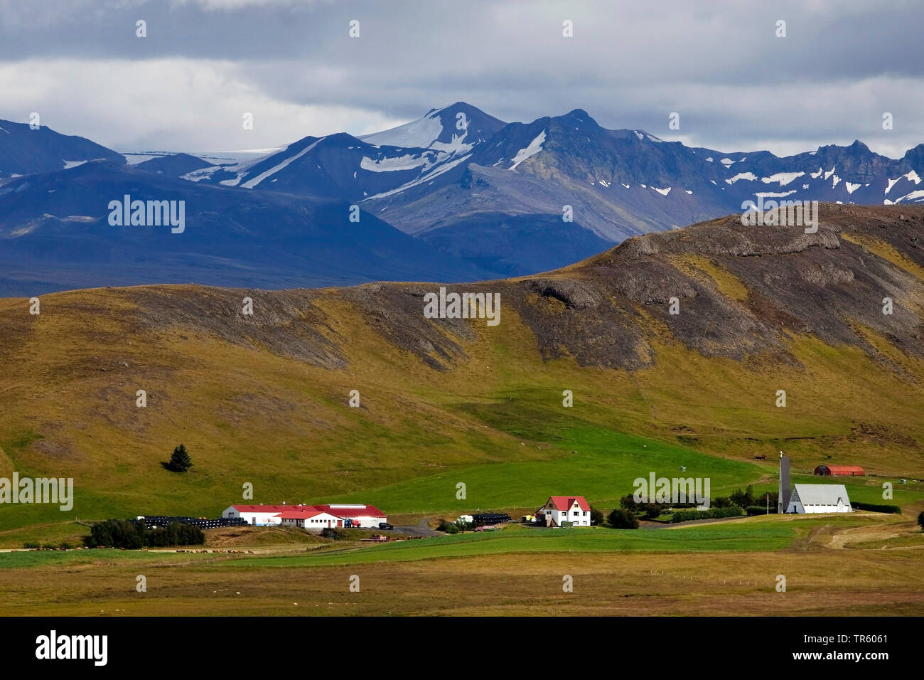 farmhouse in front of mountains, Iceland, South Iceland, Seljaland Stock Photo