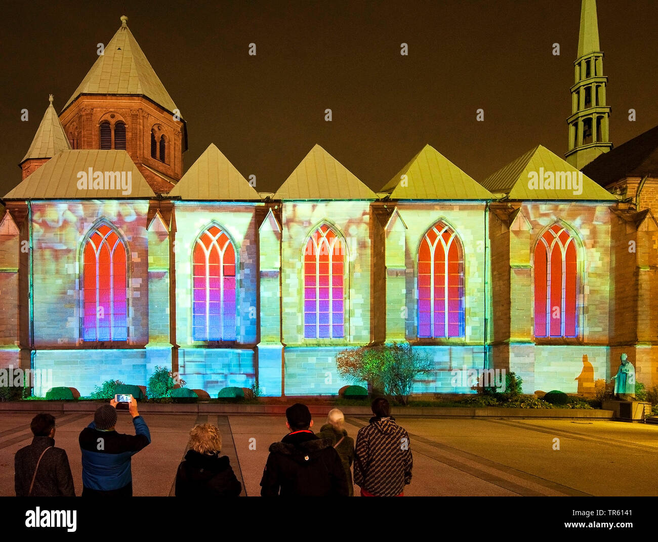 illuminated Essen Minster, Festival of Lights, Germany, North Rhine-Westphalia, Ruhr Area, Essen Stock Photo