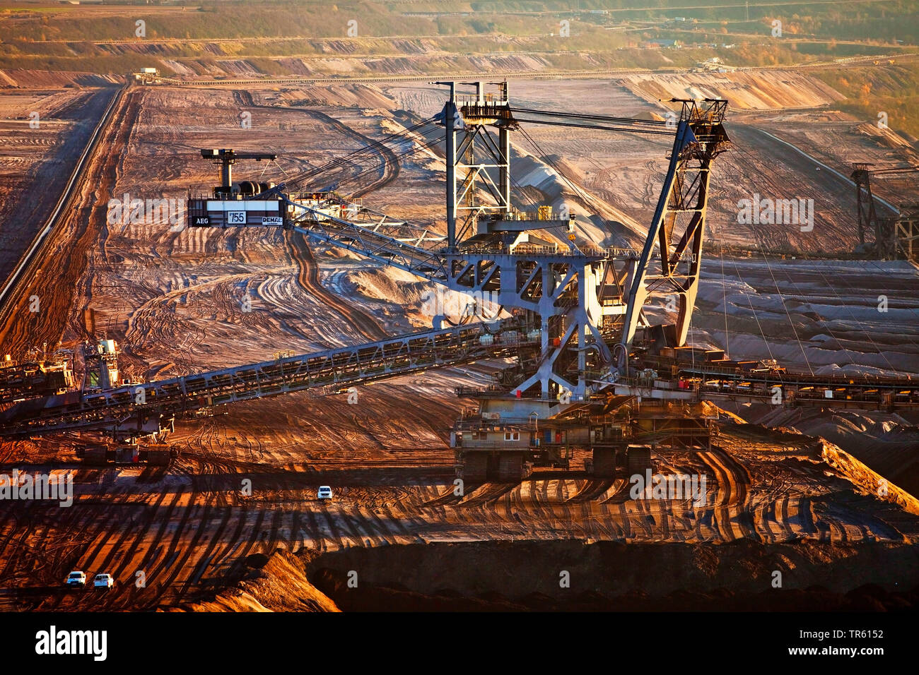 brown coal surface mining with stacker, Germany, North Rhine-Westphalia, Garzweiler, Juechen Stock Photo