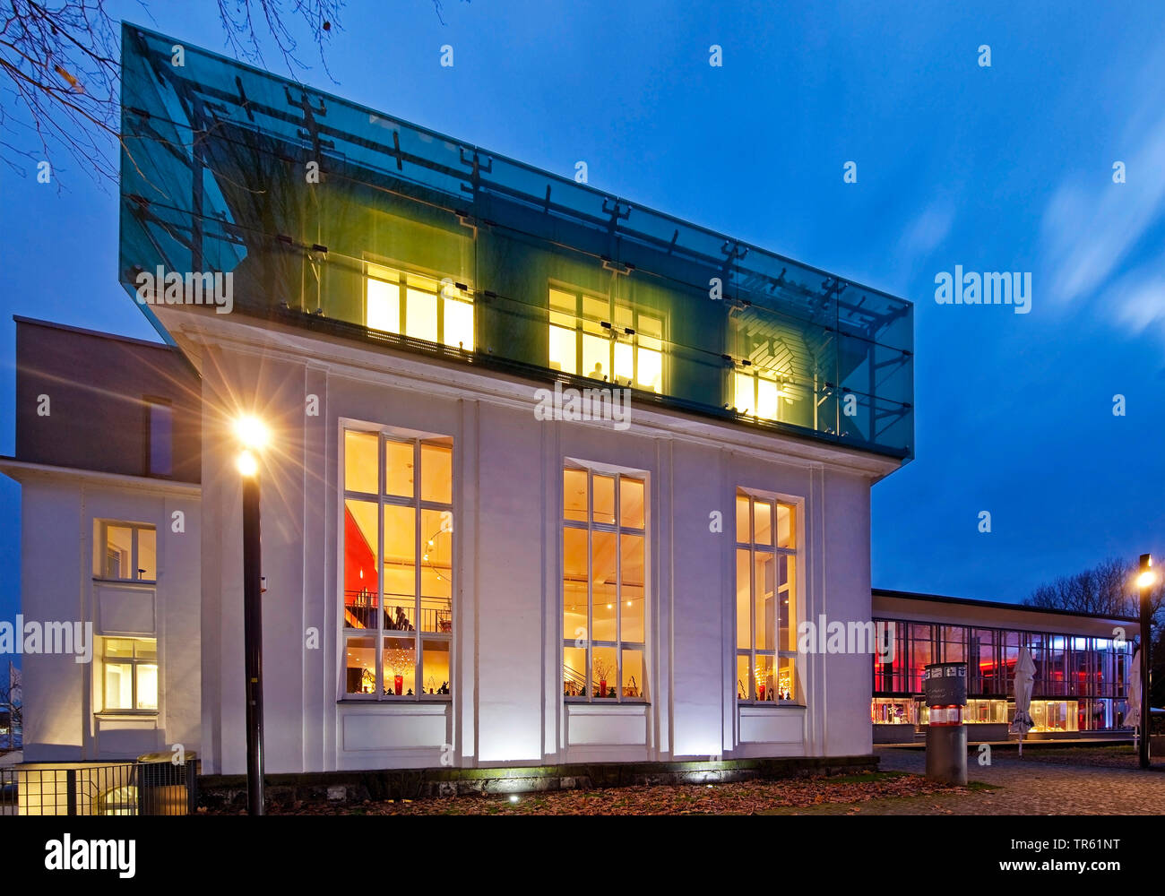 Product Design Forum, old listed central station in the evening, Germany, North Rhine-Westphalia, Bergisches Land, Solingen Stock Photo