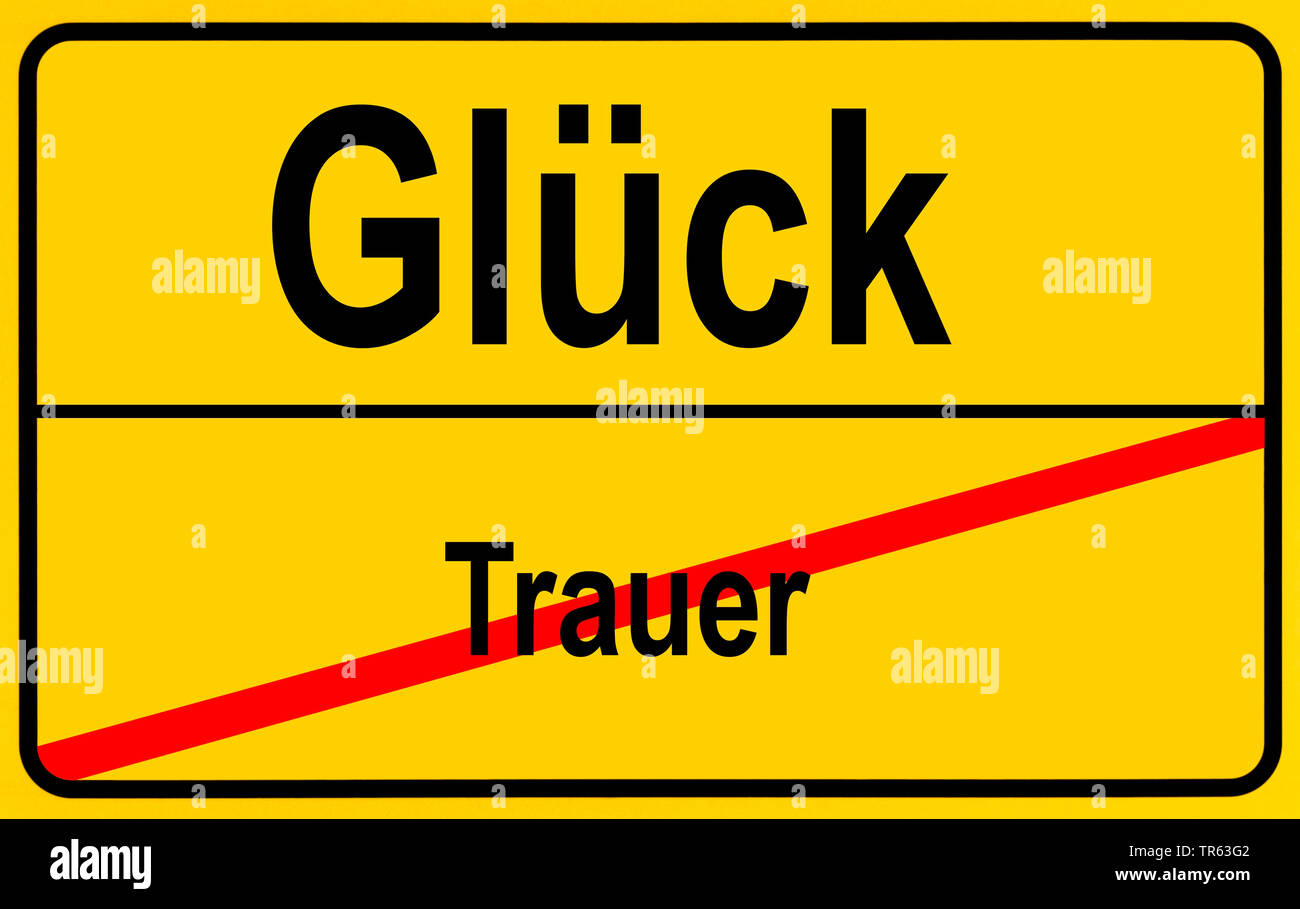 city limit sign Glueck / Trauer, luck / sorrow, Germany Stock Photo