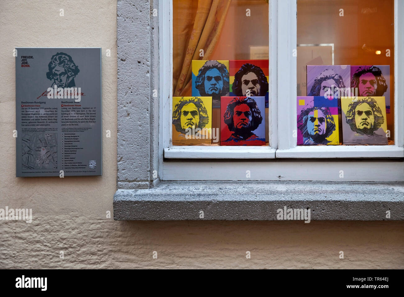 pictures of Ludwig van Beethoven in a window in the old city, Germany, North Rhine-Westphalia, Bonn Stock Photo