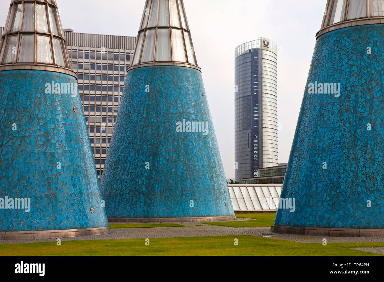 roof garden of the Art and Exhibition Hall with conical light wells and Post Tower, Germany, North Rhine-Westphalia, Bonn Stock Photo