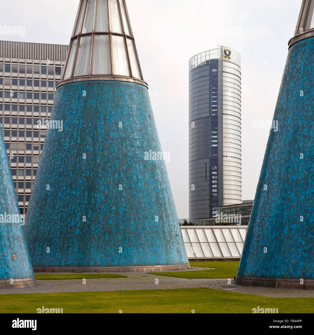 roof garden of the Art and Exhibition Hall with conical light wells and Post Tower, Germany, North Rhine-Westphalia, Bonn Stock Photo