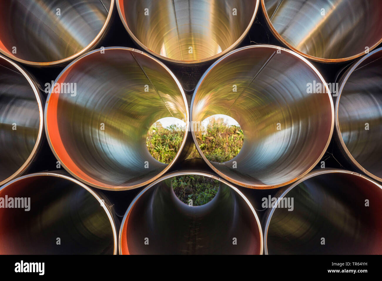 stacked pipes for high-pressure gas pipeline, Germany, Bavaria, Oberndorf Stock Photo