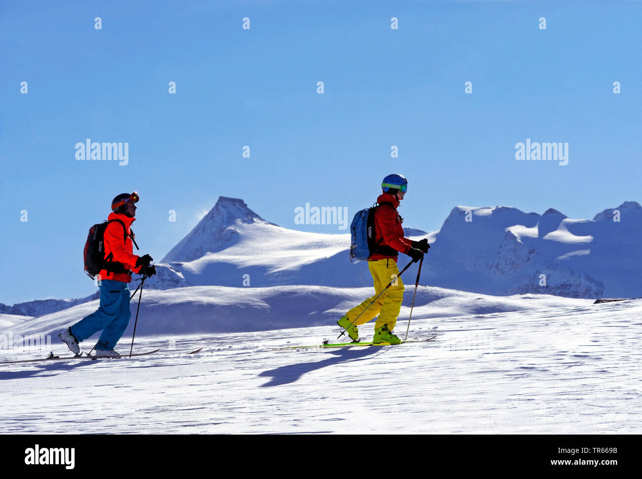 ski touring at the Col de l'Iseran, L'Albaron in background, France, Savoie, Val d Isere Stock Photo