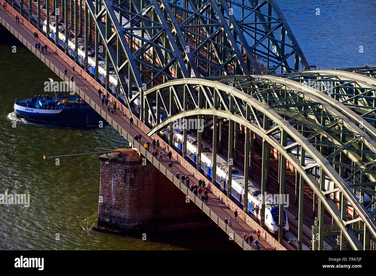 aerial view of Hohenzollern Bridge, Germany, North Rhine-Westphalia, Rhineland, Cologne Stock Photo
