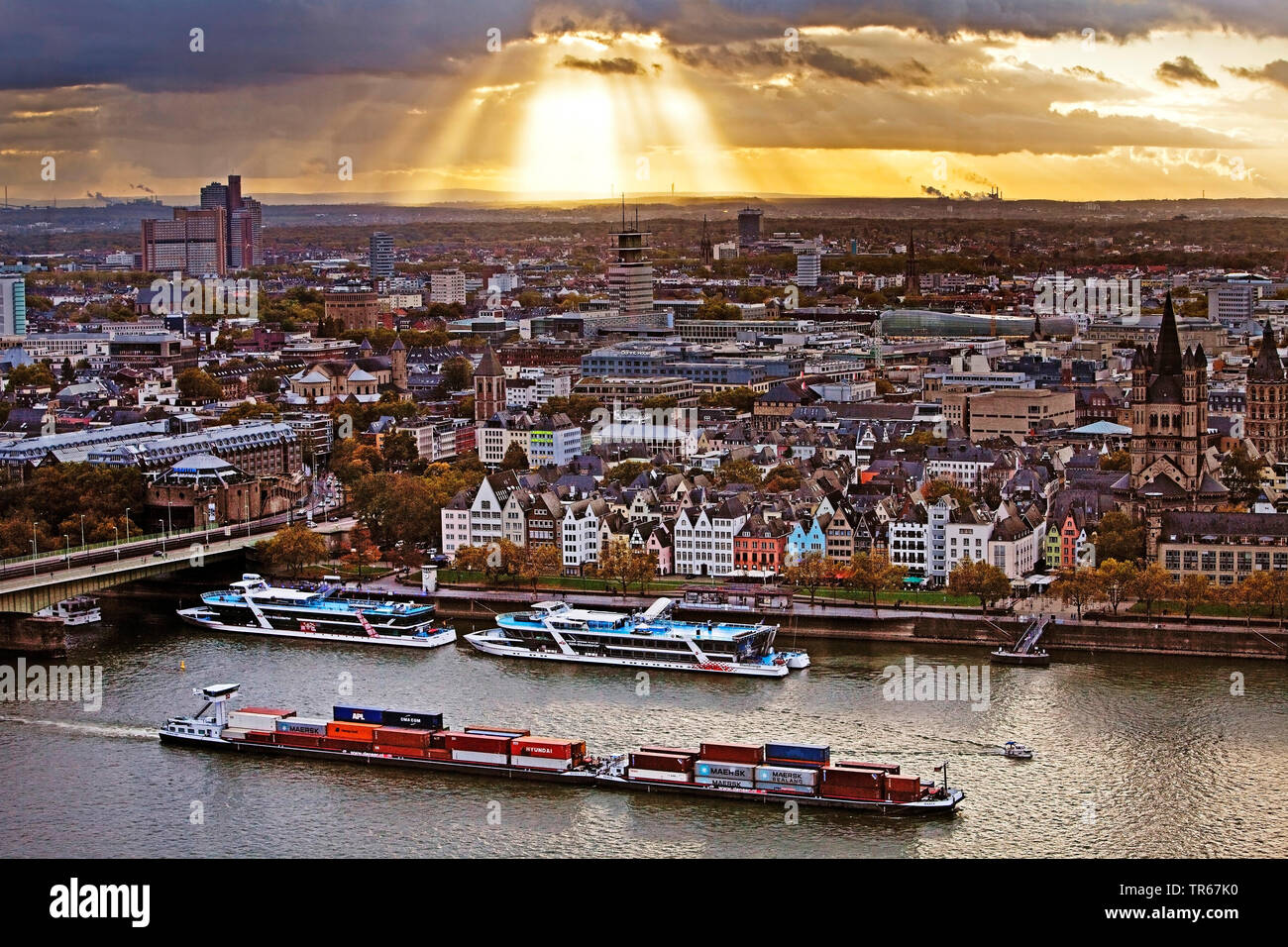 view of the city with ships on river Rhine, Germany, North Rhine-Westphalia, Rhineland, Cologne Stock Photo