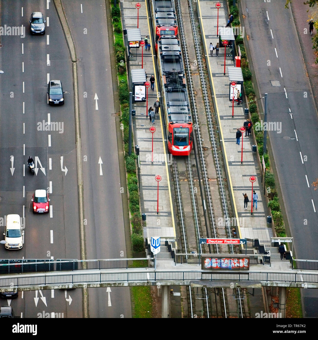 aerial view of road and tram station Deutzer Freiheit, Germany, North Rhine-Westphalia, Rhineland, Cologne Stock Photo