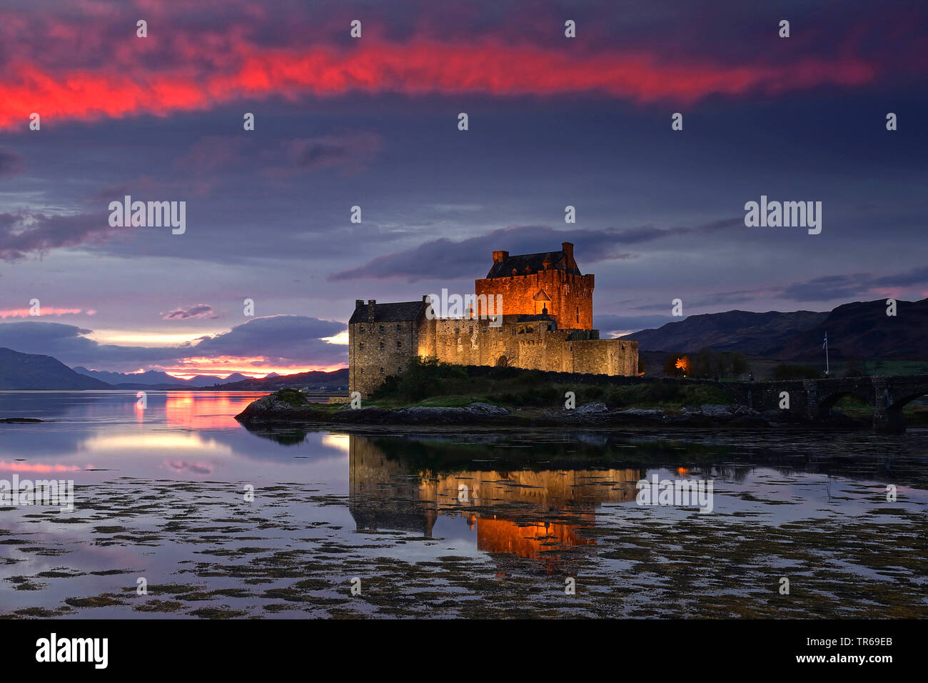 Castle Eilean Donan in Scitland az sunset, United Kingdom, Scotland Stock Photo