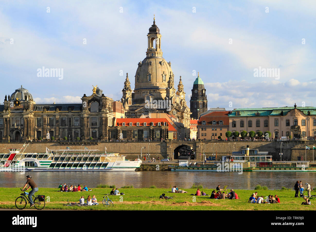 Elbe riverbank and Dresden Frauenkirche, Germany, Saxony, Dresden Stock Photo