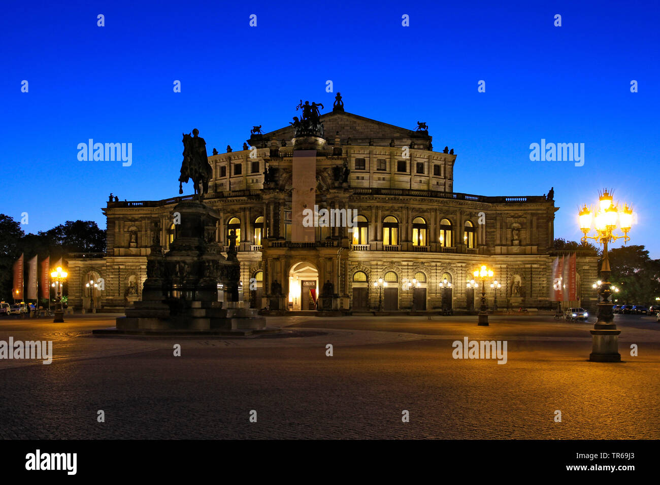 Semperoper and equestrian memorial on the Theatre Square at night, Germany, Saxony, Dresden Stock Photo
