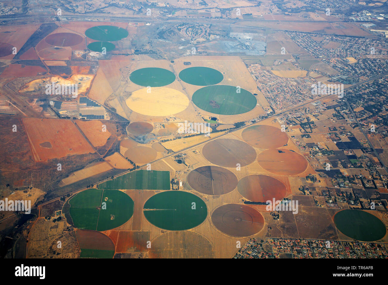 aerial view of center pivot irrigation, South Africa, Johannesburg Stock Photo