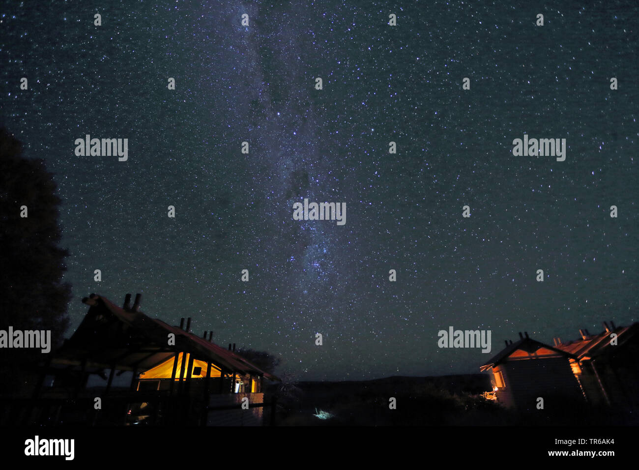 starry sky over Kalahari Tent Camp, South Africa, Kgalagadi Transfrontier National Park Stock Photo