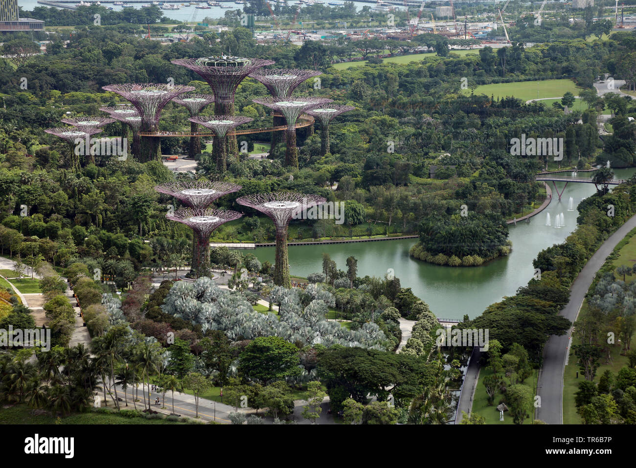 view from Singapore Flyer to the Gardens by the Bay, Singapore Stock Photo