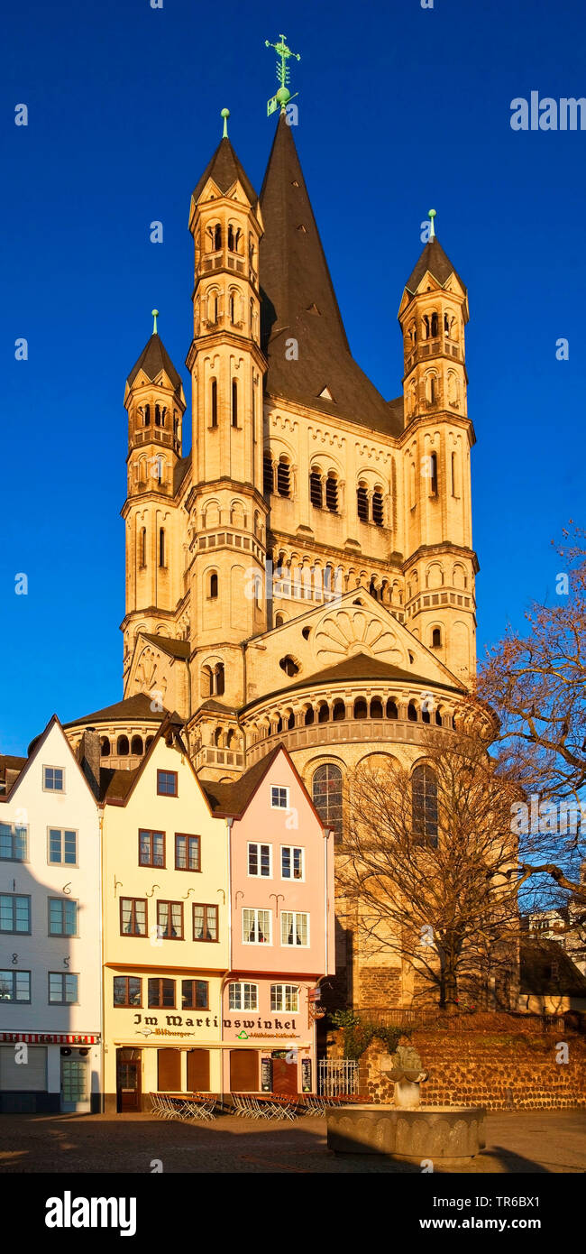 colourful houses at the fish market and Great St. Martin Church, Germany, North Rhine-Westphalia, Rhineland, Cologne Stock Photo