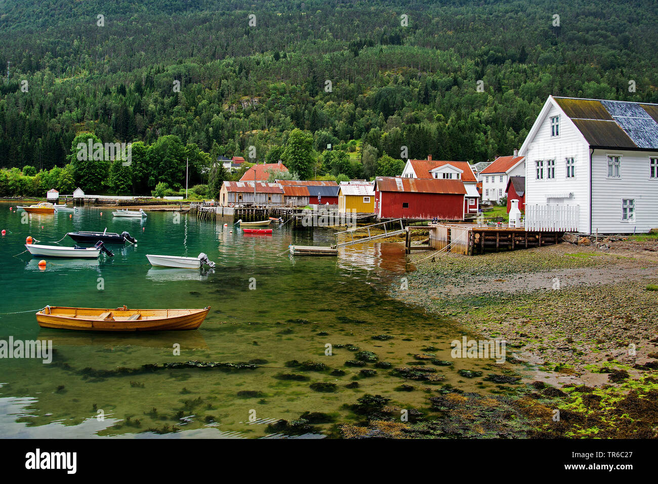 Solvorn on the western shore of the Lustrafjorden, Norway, Sogn og Fjordane, Solvorn Stock Photo