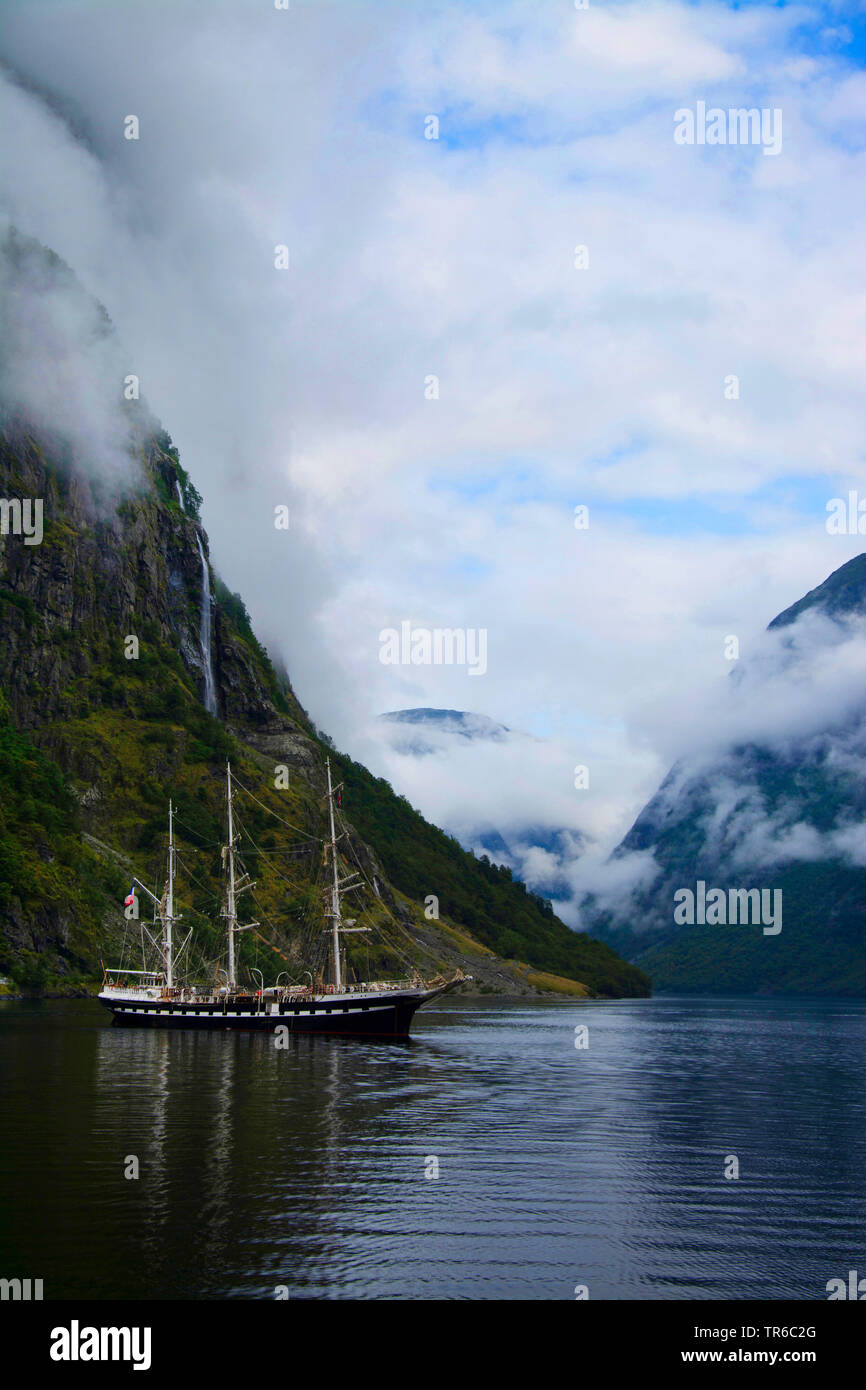 Naeroyfjord with tall ship, Norway, Sogn og Fjordane, Gudvangen Stock Photo