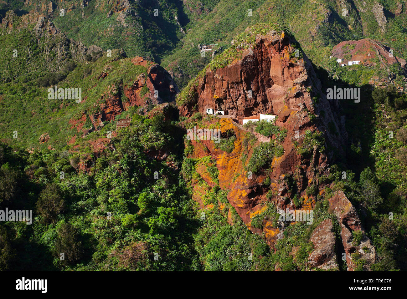 Macizo de Anaga mountain range with cave houses, Canary Islands, Tenerife Stock Photo