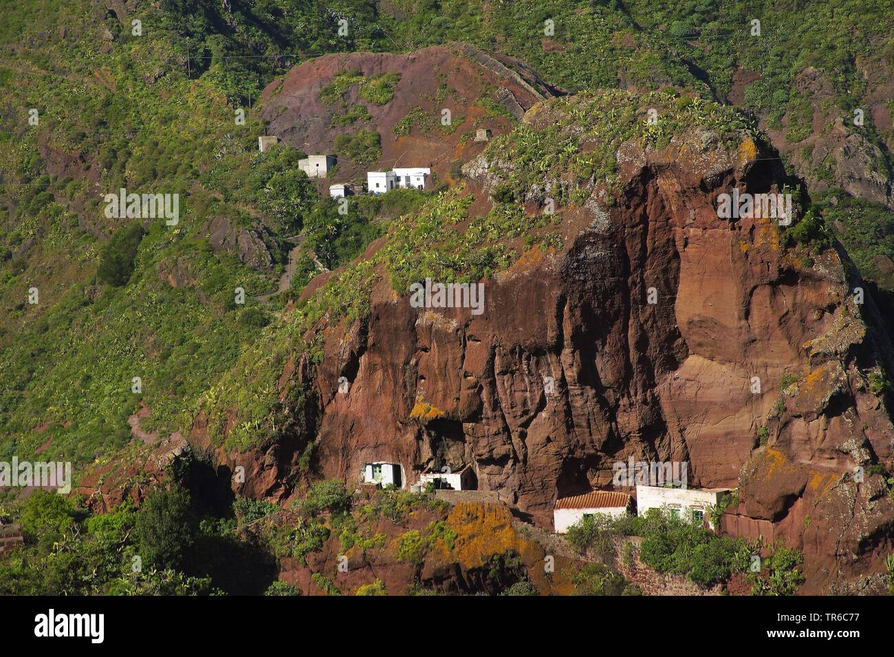 Macizo de Anaga mountain range with cave houses, Canary Islands, Tenerife Stock Photo