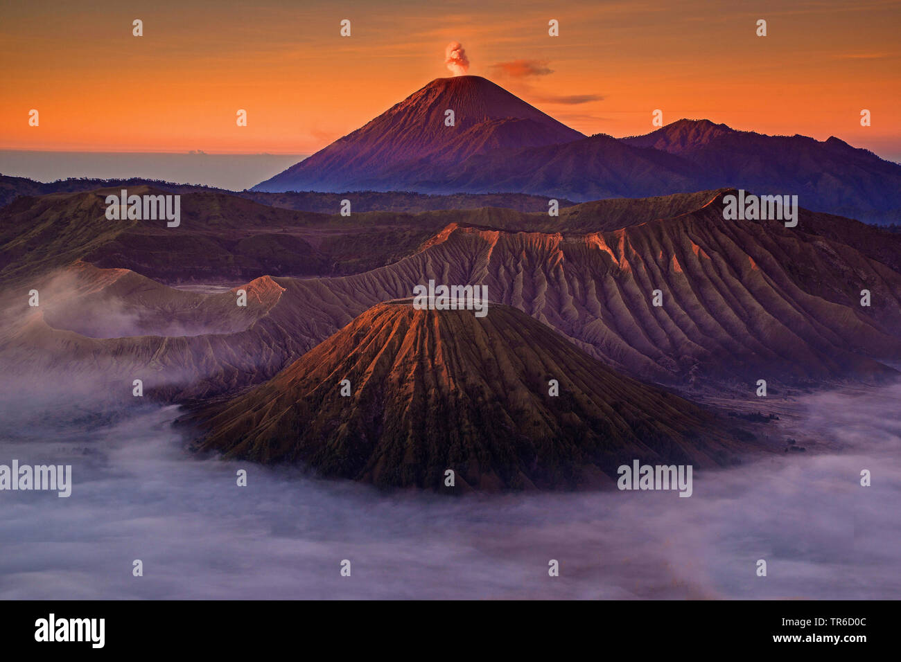 view of stratovolcano Semeru, Indonesia, Java, Bromo Tengger Semeru National Park Stock Photo